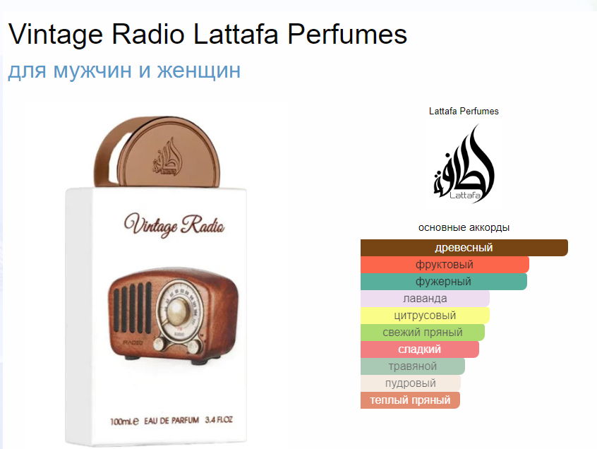 Духи Vintage Radio Lattafa Perfumes Винтаж Радио Латафа Парфюм 100 мл